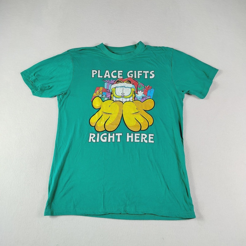 Garfield Shirt Mens Medium Green Place Gifts Right Here Christmas Graphic Tee
